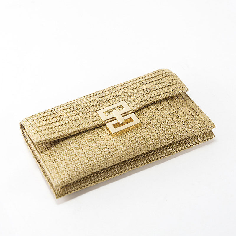 Natural Flap Top Metallic Clasp Crossbody Raffia Straw Woven Clutch Bag