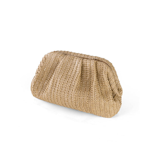 Natural Metallic Chain Clip Closure Ruched Raffia Straw Woven Clutch Bag