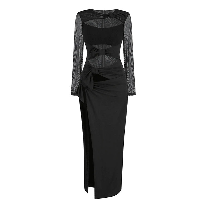 Offbeat Bow Knot Crew Neck Sheer Long Sleeve High Split Cutout Maxi Dress