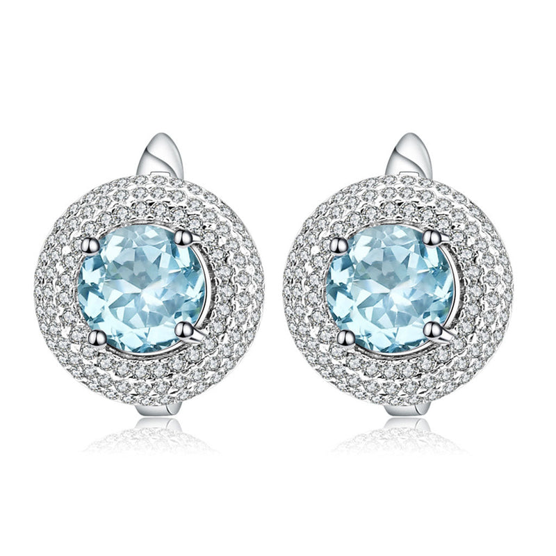 Opulent Blue Topaz Halo Clear Cubic Zirconia Cluster Stud Earrings