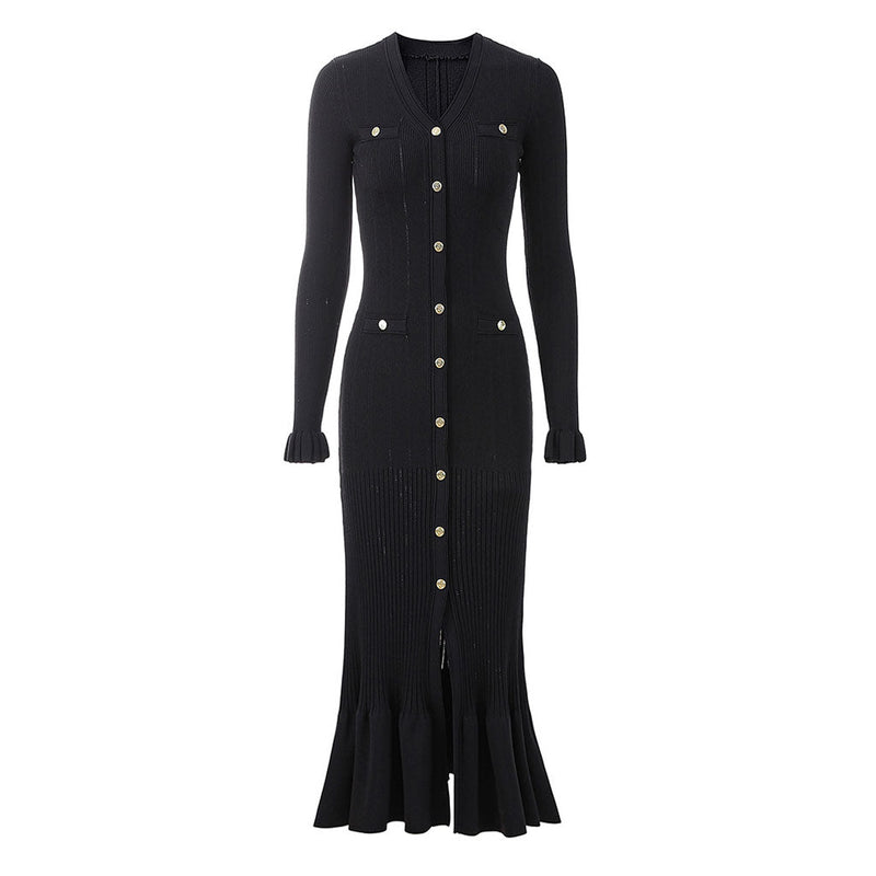 Opulent Button Up Long Sleeve Pointelle Knit Ribbed Fishtail Sweater Midi Dress