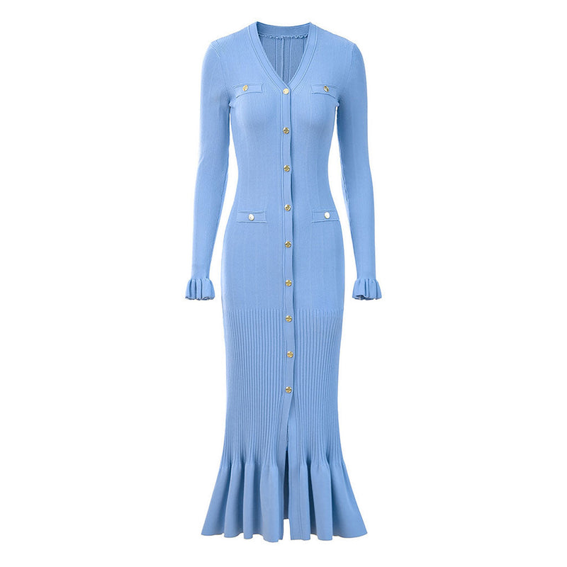 Opulent Button Up Long Sleeve Pointelle Knit Ribbed Fishtail Sweater Midi Dress