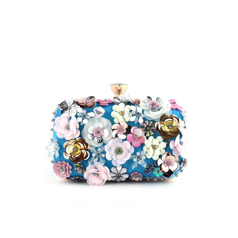 Ornate Sequined Flower Rhinestone Embellished Metal Handle Satin Party Clutch