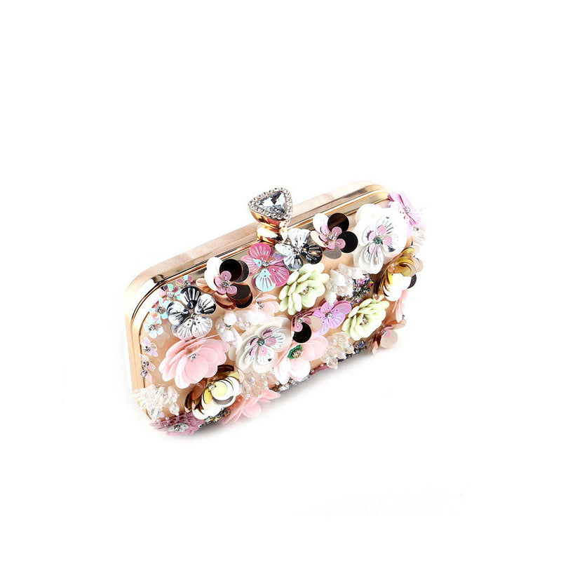 Ornate Sequined Flower Rhinestone Embellished Metal Handle Satin Party Clutch