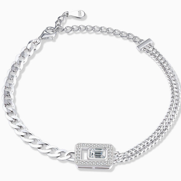 Pave Baguette and Round Cubic Zirconia Trio Cuban Link Chain Bracelet