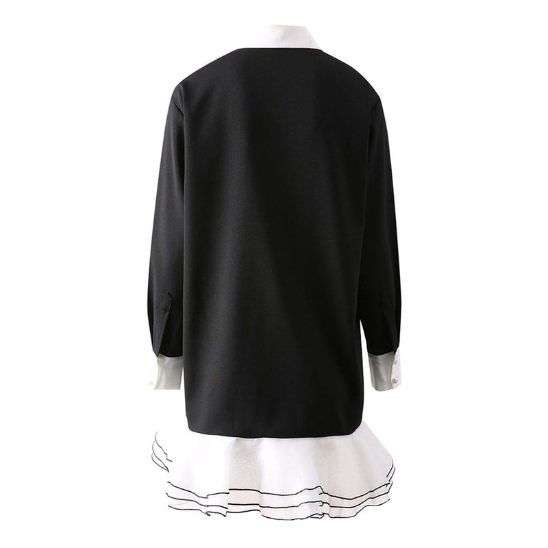 Preppy Color Block Collar Button Up Organza Ruffle Mermaid Crepe Mini Shirt Dress