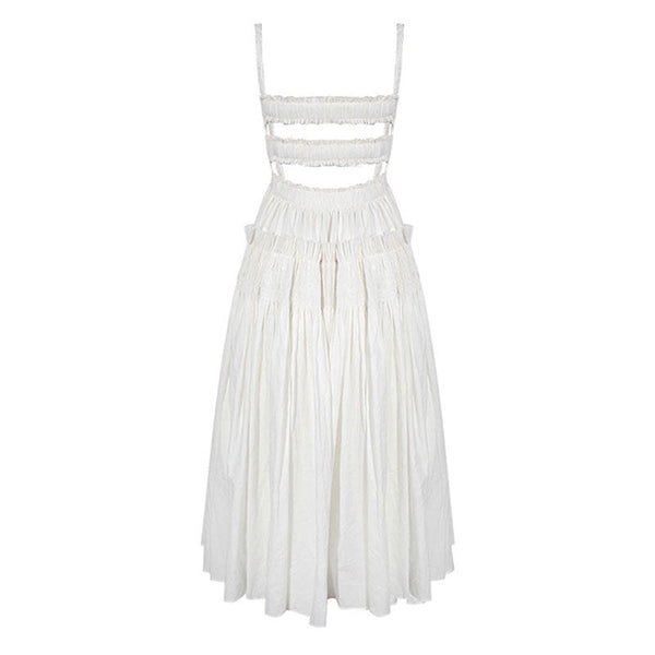 Retro Ruffle Trim Smocked Suspender Strap Fit and Flare Midi Summer Sundress