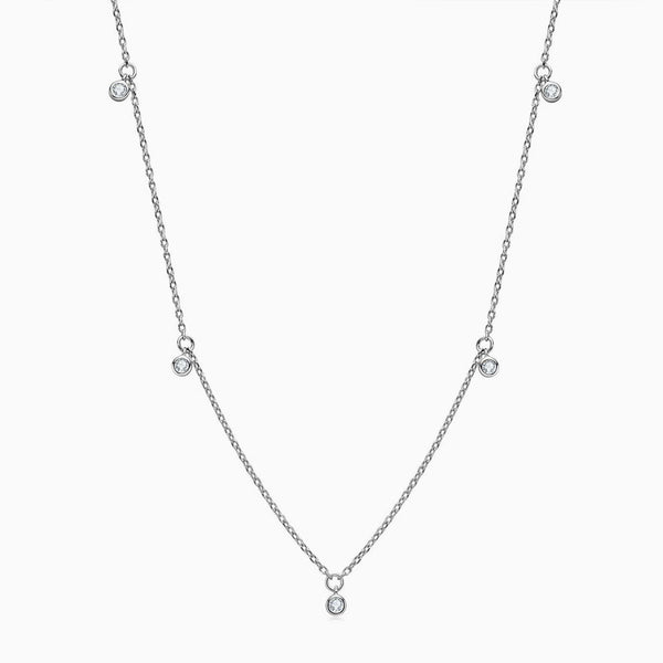 Rolo Chain Rhodium Plated Sterling Silver Dangle Moissanite Droplet Station Necklace