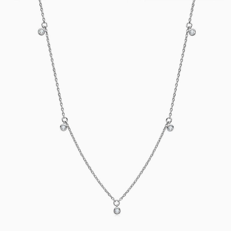 Rolo Chain Rhodium Plated Sterling Silver Dangle Moissanite Droplet Station Necklace