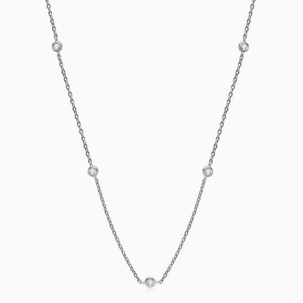 Rolo Chain Rhodium Plated Sterling Silver Moissanite Droplet Station Necklace