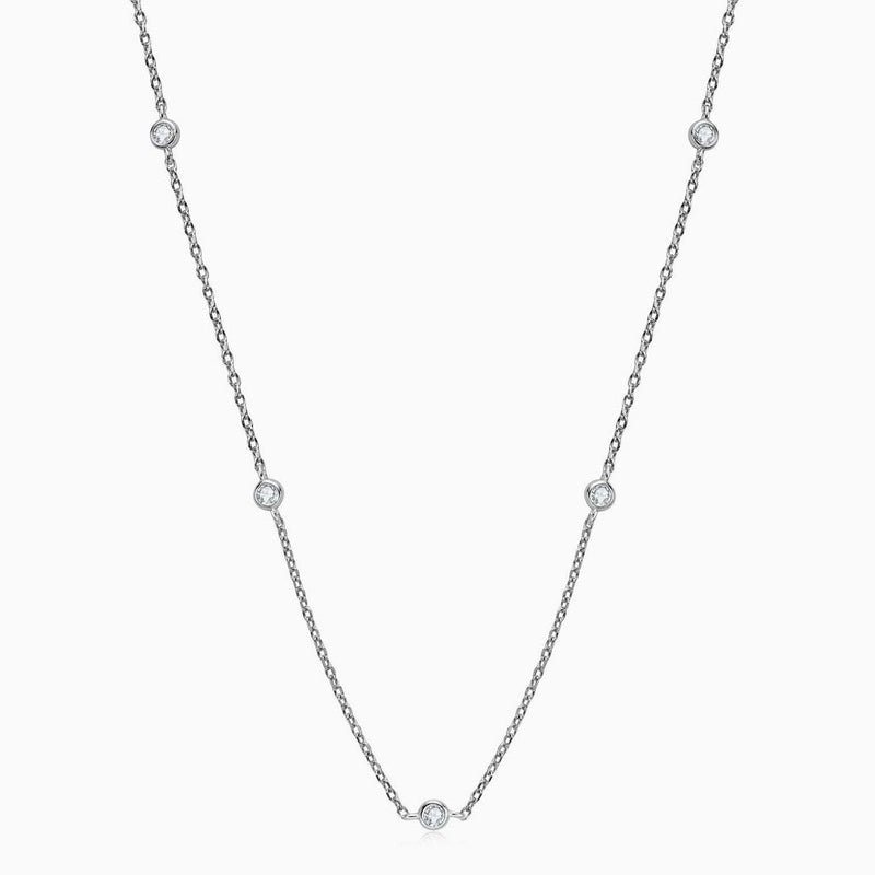 Rolo Chain Rhodium Plated Sterling Silver Moissanite Droplet Station Necklace