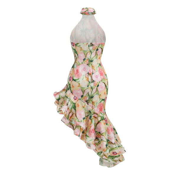 Romantic Floral Print Halter High Neck Asymmetrical Tiered Ruffle Dress