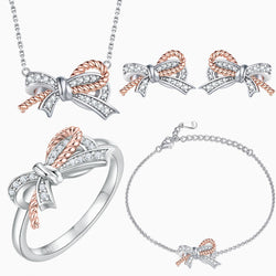 Rose Gold Plated Pavé Cubic Zirconia Twist Rope Bow Sterling Silver Jewelry Set