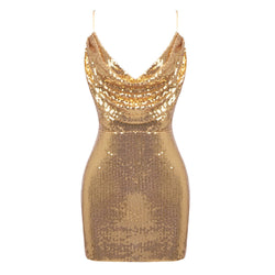 Sexy Cowl Neck Spaghetti Strap Open Back Bodycon Sequin Micro Mini Dress