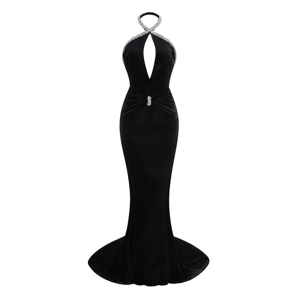 Sexy Cutout Halter Rhinestone Braided Ruched Backless Long Train Velvet Dress