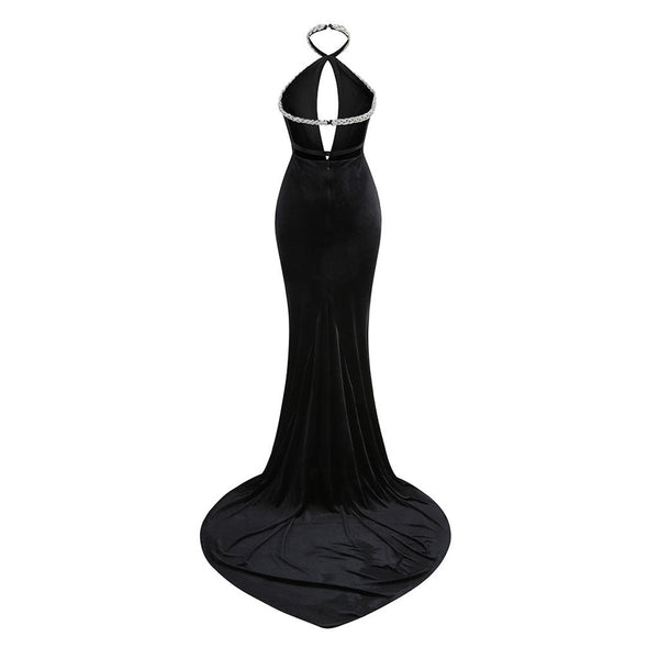 Sexy Cutout Halter Rhinestone Braided Ruched Backless Long Train Velvet Dress