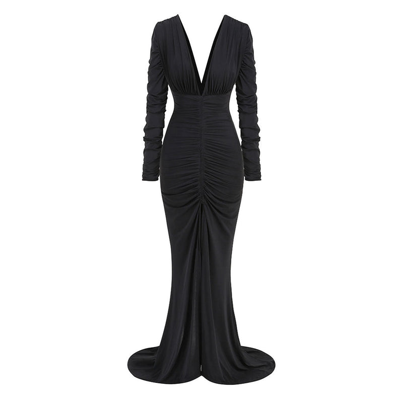 Sexy Deep V Neck Ruched Long Sleeve Split Fishtail Maxi Evening Dress