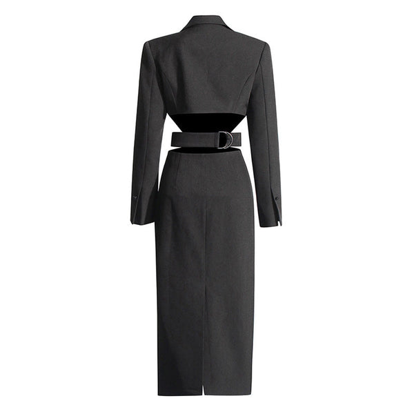 Sexy Lapel Single Breasted Belted Cinch Waist Long Sleeve Blazer Midi Dress