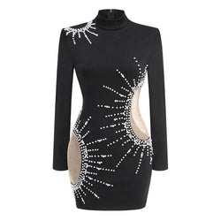 Sexy Mock Neck Faux Pearl Embellished Sheer Mesh Bodycon Mini Dress