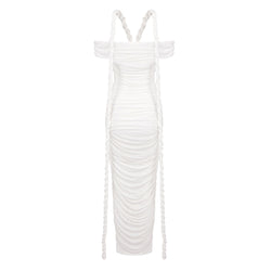 Sexy Off Shoulder Ruched Bodycon Jersey Draped Braid Rope Maxi Dress