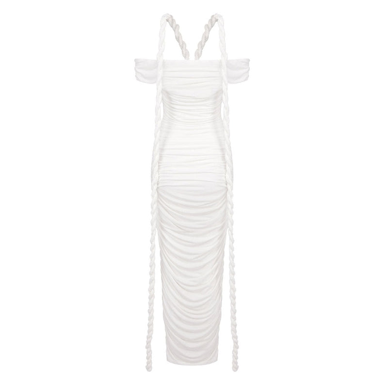 Sexy Off Shoulder Ruched Bodycon Jersey Draped Braid Rope Maxi Dress