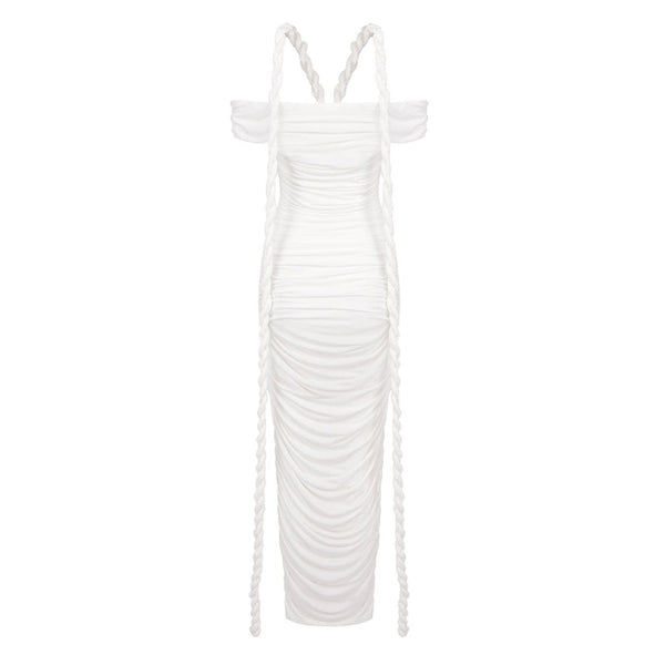 Sexy Off Shoulder Ruched Bodycon Jersey Draped Braid Rope Maxi Dress