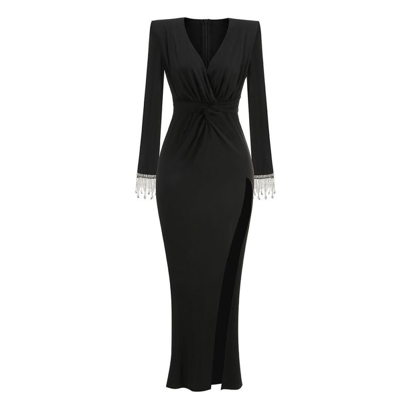 Sexy Plunge Twist Front Crystal Fringe Sleeve High Split Jersey Maxi Dress