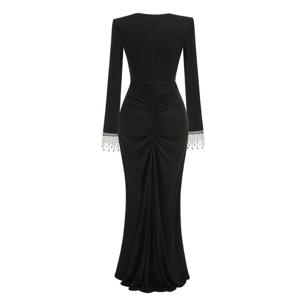 Sexy Plunge Twist Front Crystal Fringe Sleeve High Split Jersey Maxi Dress