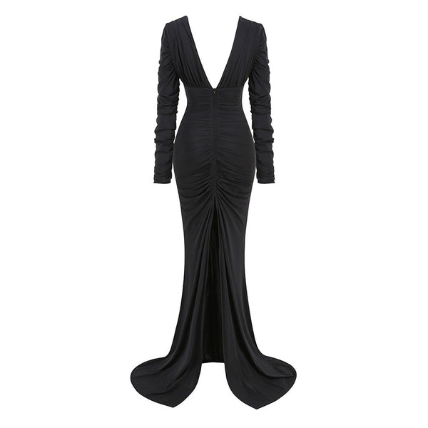 Sexy Plunge V Neck Long Sleeve Ruched Split Train Fishtail Maxi Dress