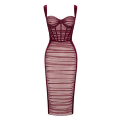 Sexy Ruched Mesh Panel Sweetheart Suspender Strap Corset Midi Velvet Dress