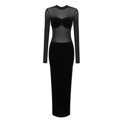 Sexy Sheer Mesh Mock Neck Long Sleeve Split Velvet Maxi Evening Dress