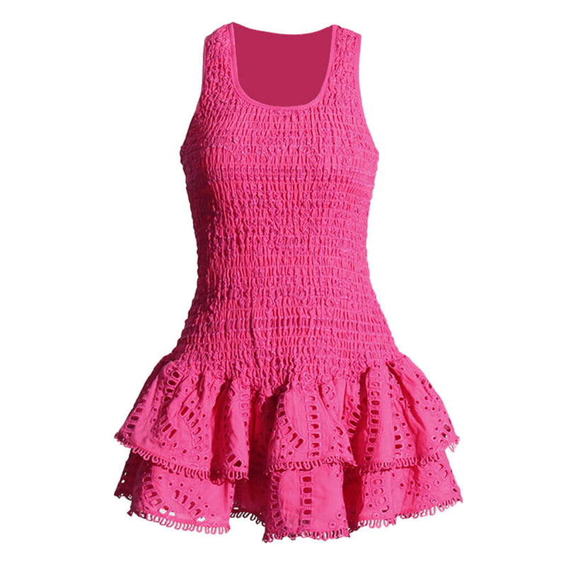 Sexy Smocked Broderie Anglaise Ruffle Tiered Drop Waist Micro Mini Dress