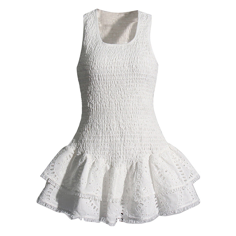 Sexy Smocked Broderie Anglaise Ruffle Tiered Drop Waist Micro Mini Dress