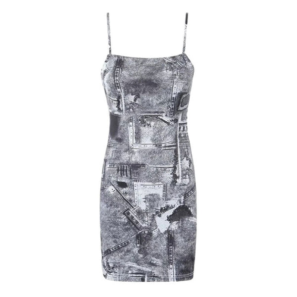 Sexy Square Neck Spaghetti Strap Abstract Print Bodycon Mini Sundress