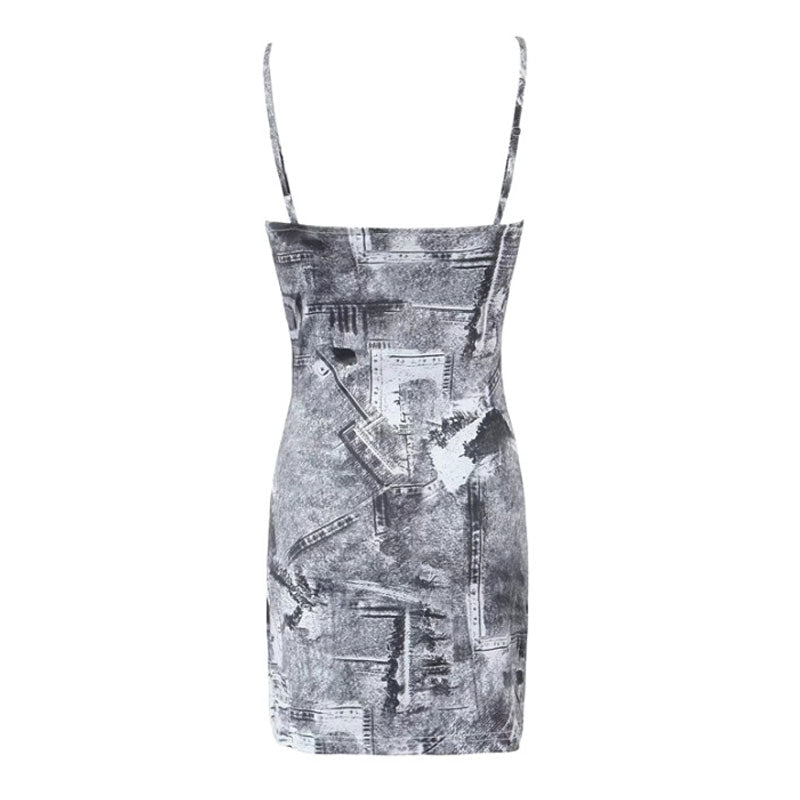 Sexy Square Neck Spaghetti Strap Abstract Print Bodycon Mini Sundress