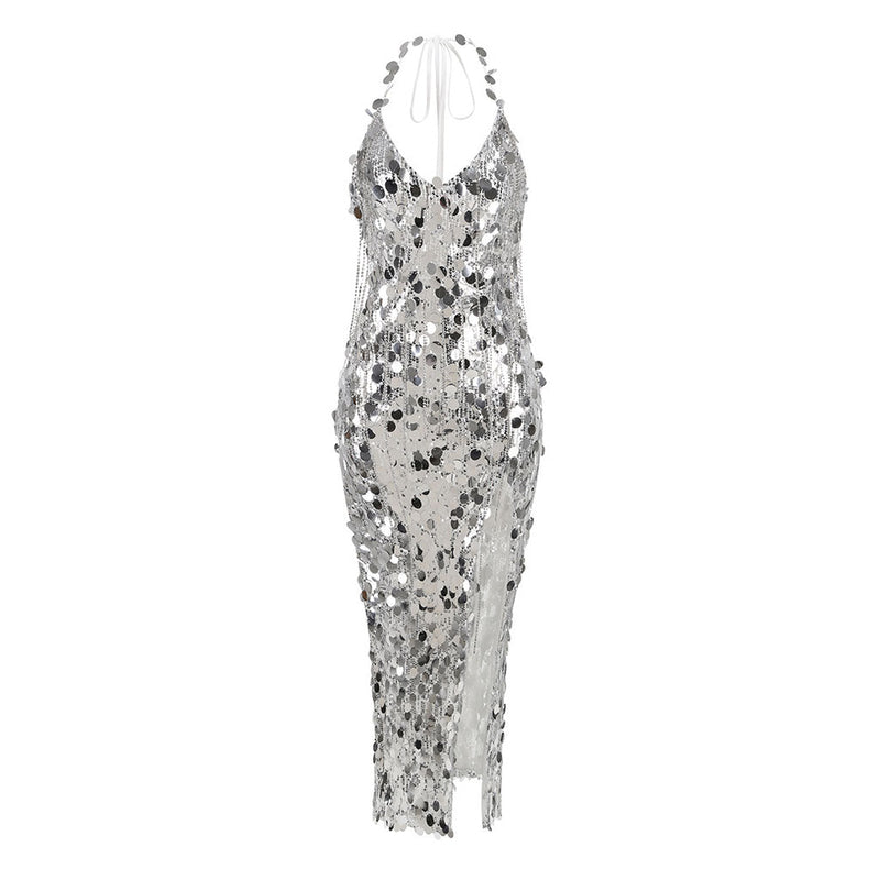 Shimmering Halter Crystal Fringe Sequin Embellished Split Midi Cocktail Dress