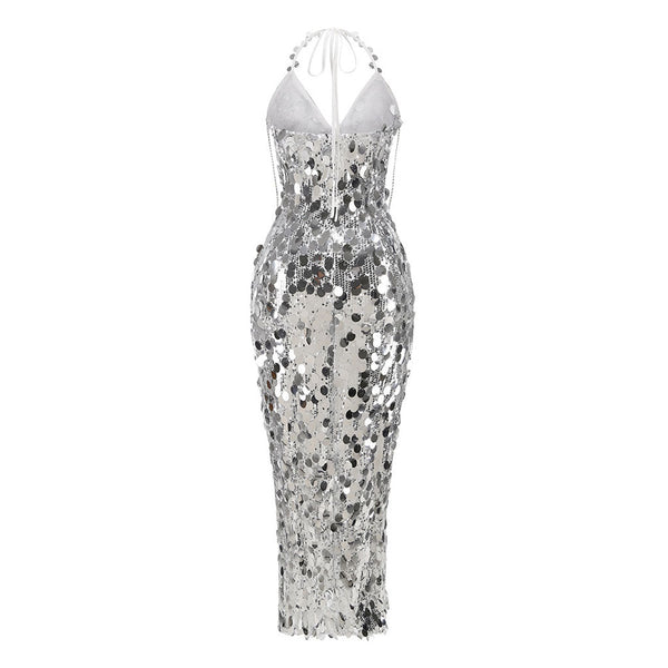 Shimmering Halter Crystal Fringe Sequin Embellished Split Midi Cocktail Dress