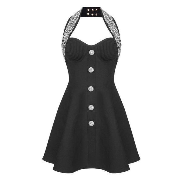 Shiny Crystal Buttoned Halter Bustier Sleeveless Bandage Skater Mini Dress