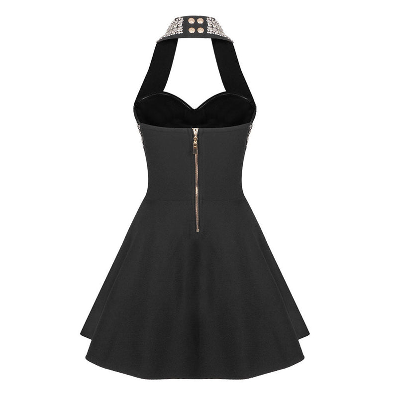 Shiny Crystal Buttoned Halter Bustier Sleeveless Bandage Skater Mini Dress