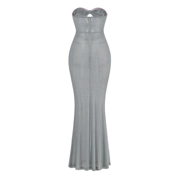 Sparkly Crystal Bow Cutout Ruched Strapless Sheer Mesh Fishtail Maxi Dress