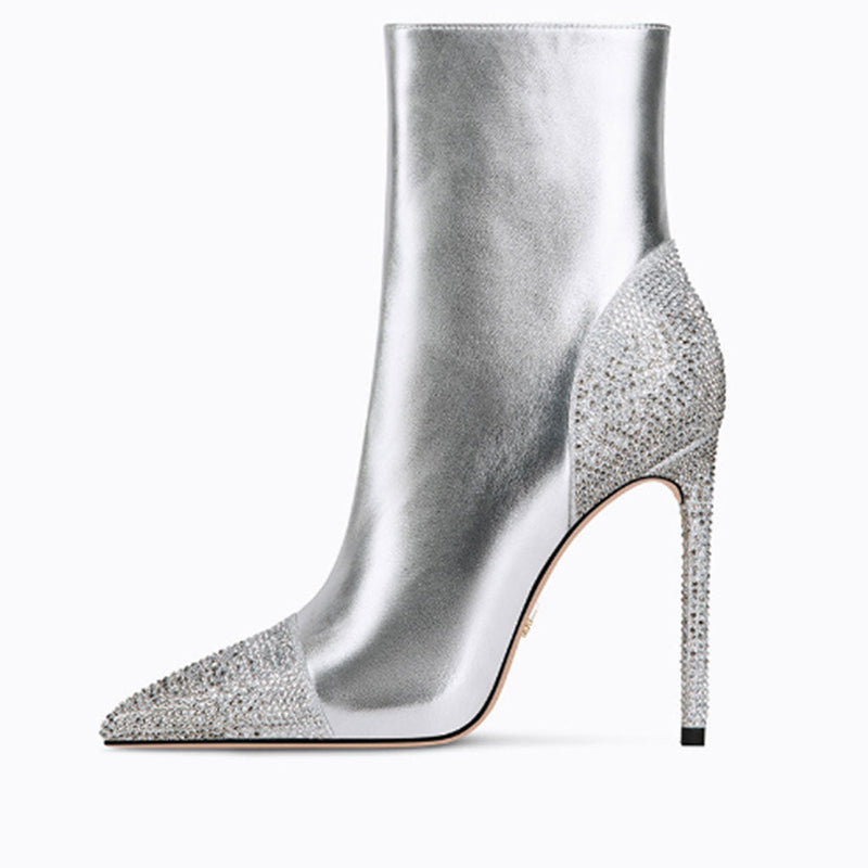 Sparkly Crystal Detail Pointed Toe Stiletto Ankle Boots - Silver