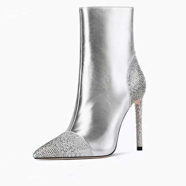 Sparkly Crystal Detail Pointed Toe Stiletto Ankle Boots - Silver