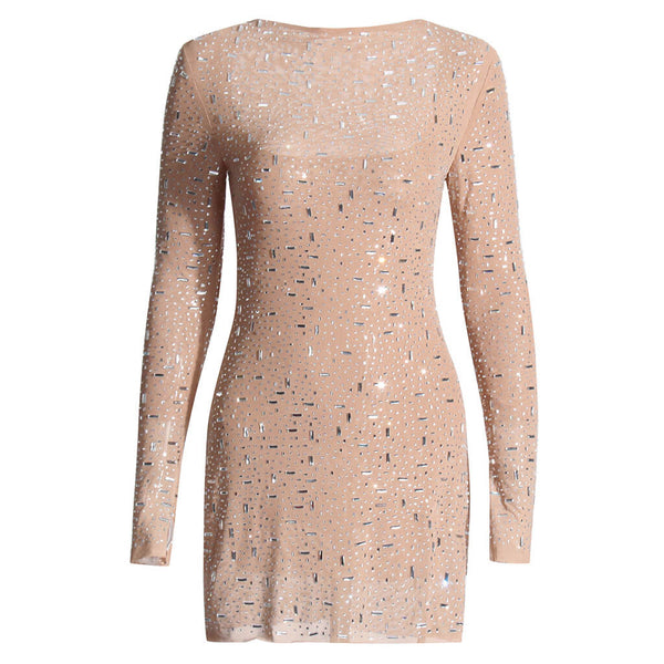 Sparkly Crystal Square Neck Split Sleeve Bodycon Sheer Mesh Mini Dress