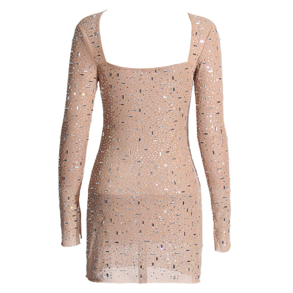 Sparkly Crystal Square Neck Split Sleeve Bodycon Sheer Mesh Mini Dress