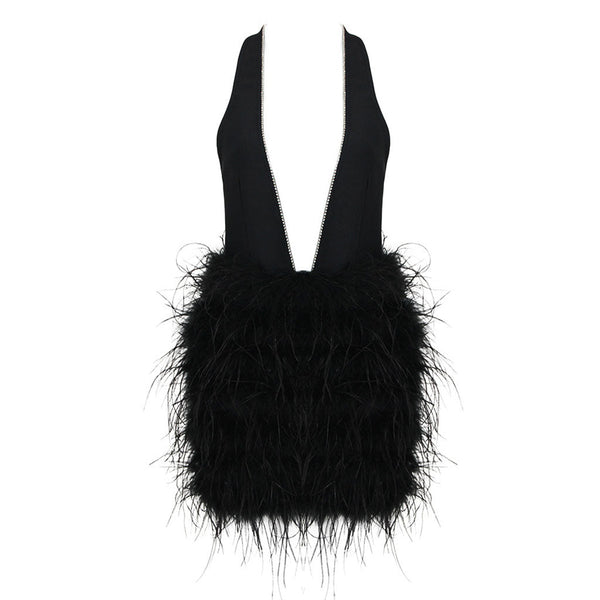 Sparkly Rhinestone Plunge Halter Neck Backless Bandage Feather Mini Dress