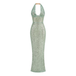 Sparkly Sequin Embellished Ruched Deep V Halter Maxi Mermaid Dress