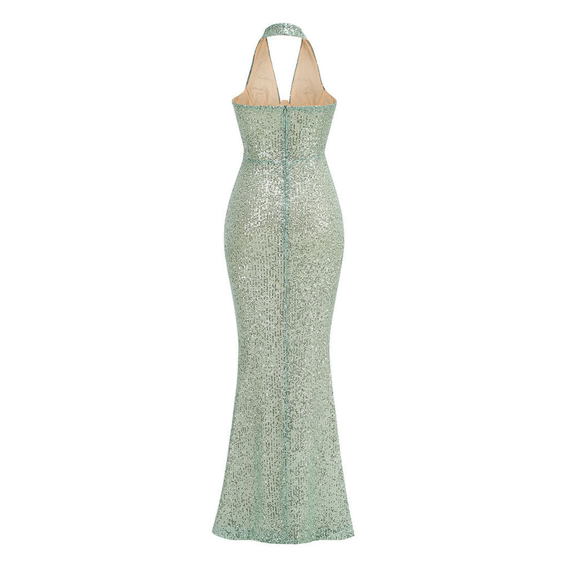 Sparkly Sequin Embellished Ruched Deep V Halter Maxi Mermaid Dress