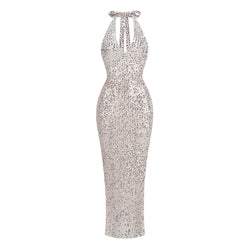 Sparkly Sheer Sequin Mesh Halter Backless Sheath Fishtail Maxi Formal Dress