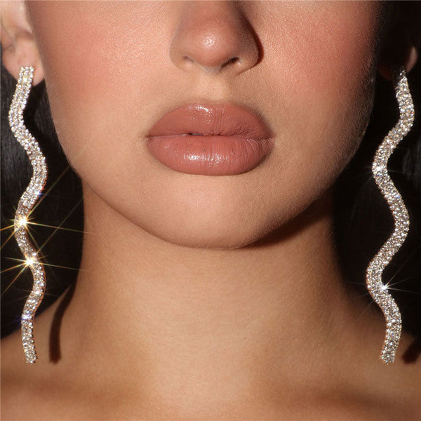 Sparkly Wavy Linear Rhinestone Embellished Long Drop Earrings - Silver