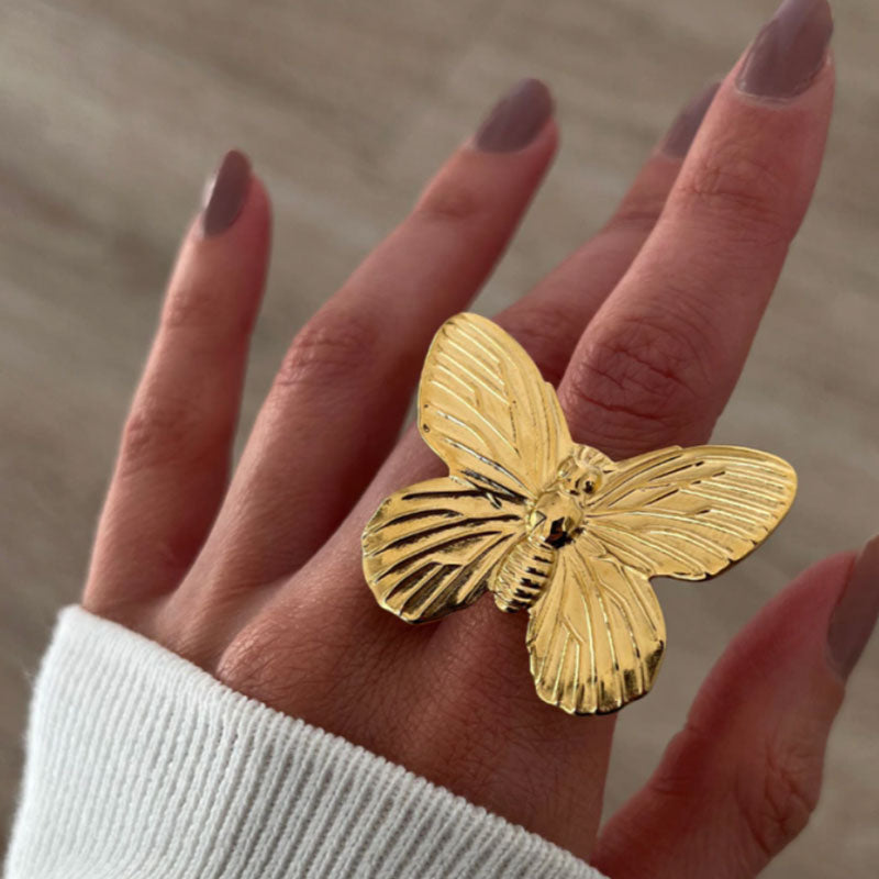 Statement Large Butterfly Ribbed Design 18K Gold Plated Open Cuff Ring